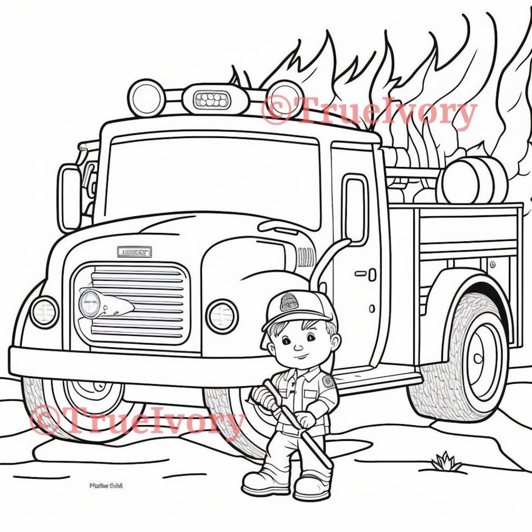 4 Childrens Firefighter Fire Truck Coloring Pages Etsy