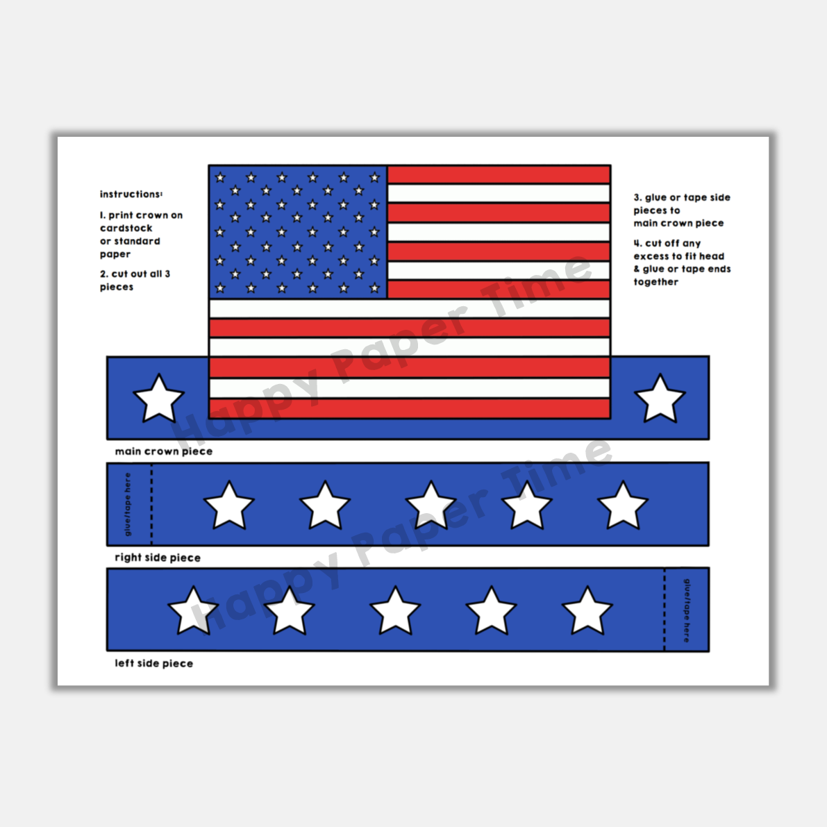 American Flag Paper Crown Printable 4th Of July Craft Activity Template