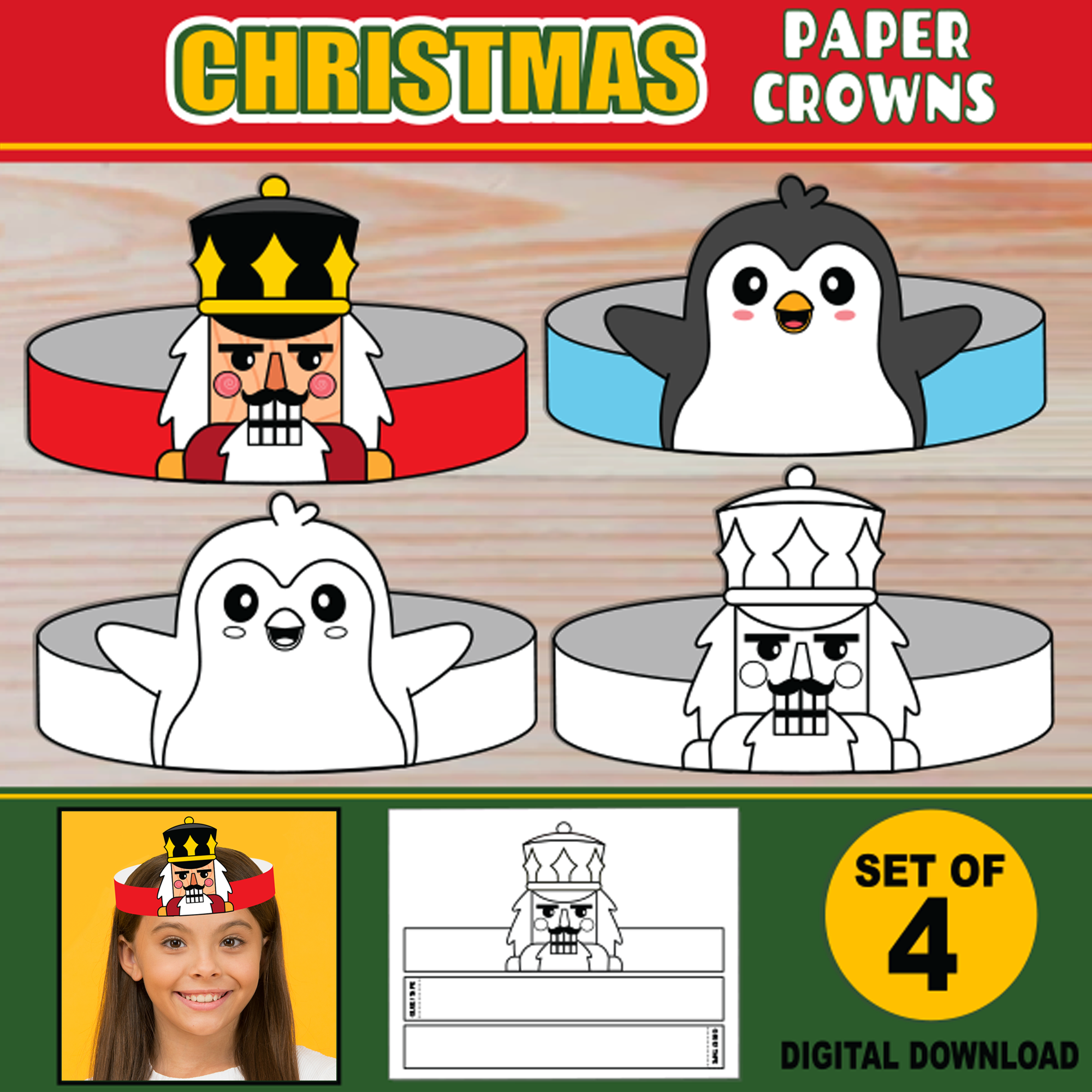 Christmas Paper Crowns For Kids PRINTABLE Paper Hat Headbands Craft Activity Coloring Versions Penguin U0026 Nutcracker Paper Crowns Classful