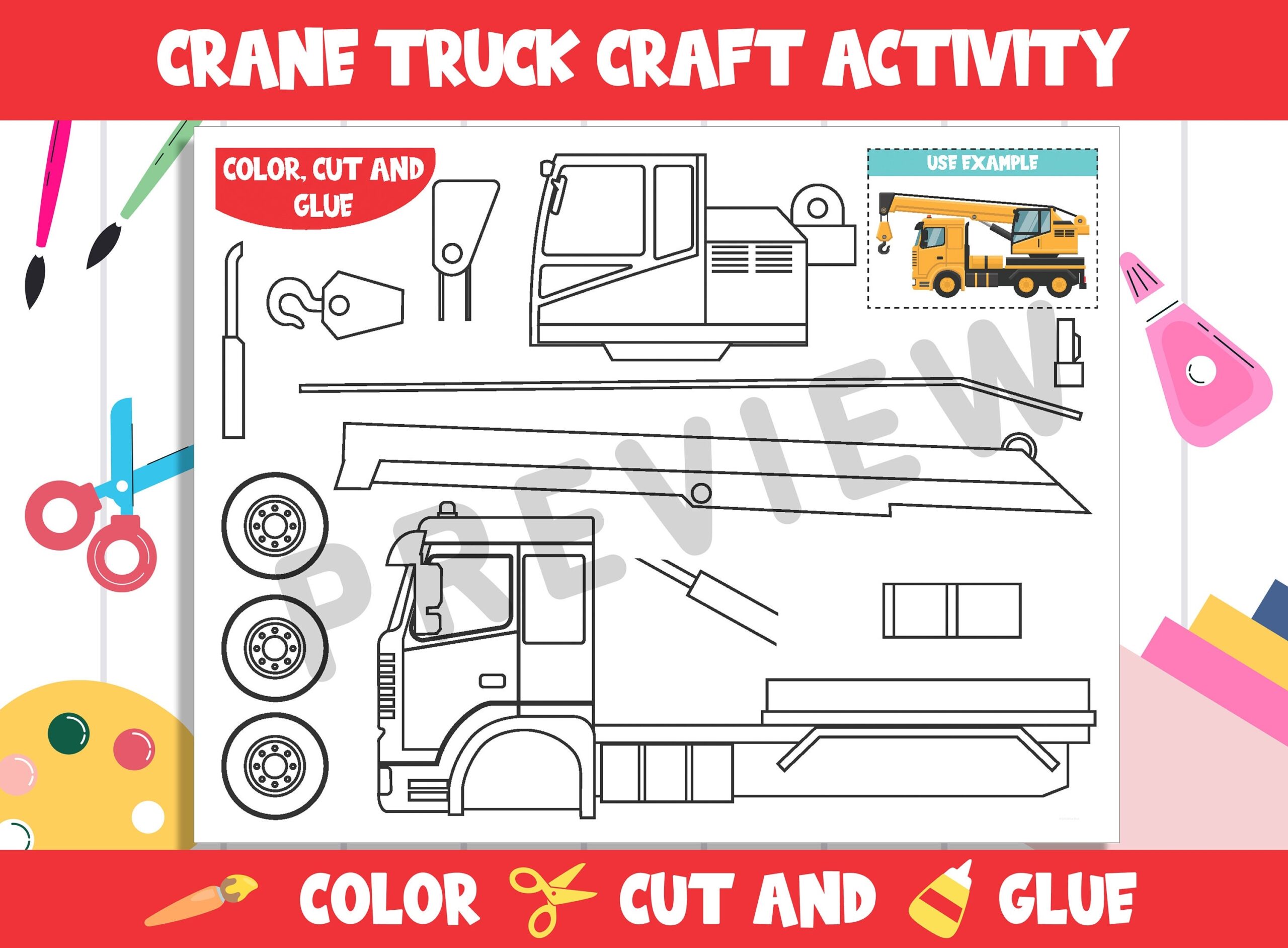 Construction Vehicle Craft Activity Crane Truck Color Cut And Glue For Prek To 2nd Grade PDF File Instant Download Etsy