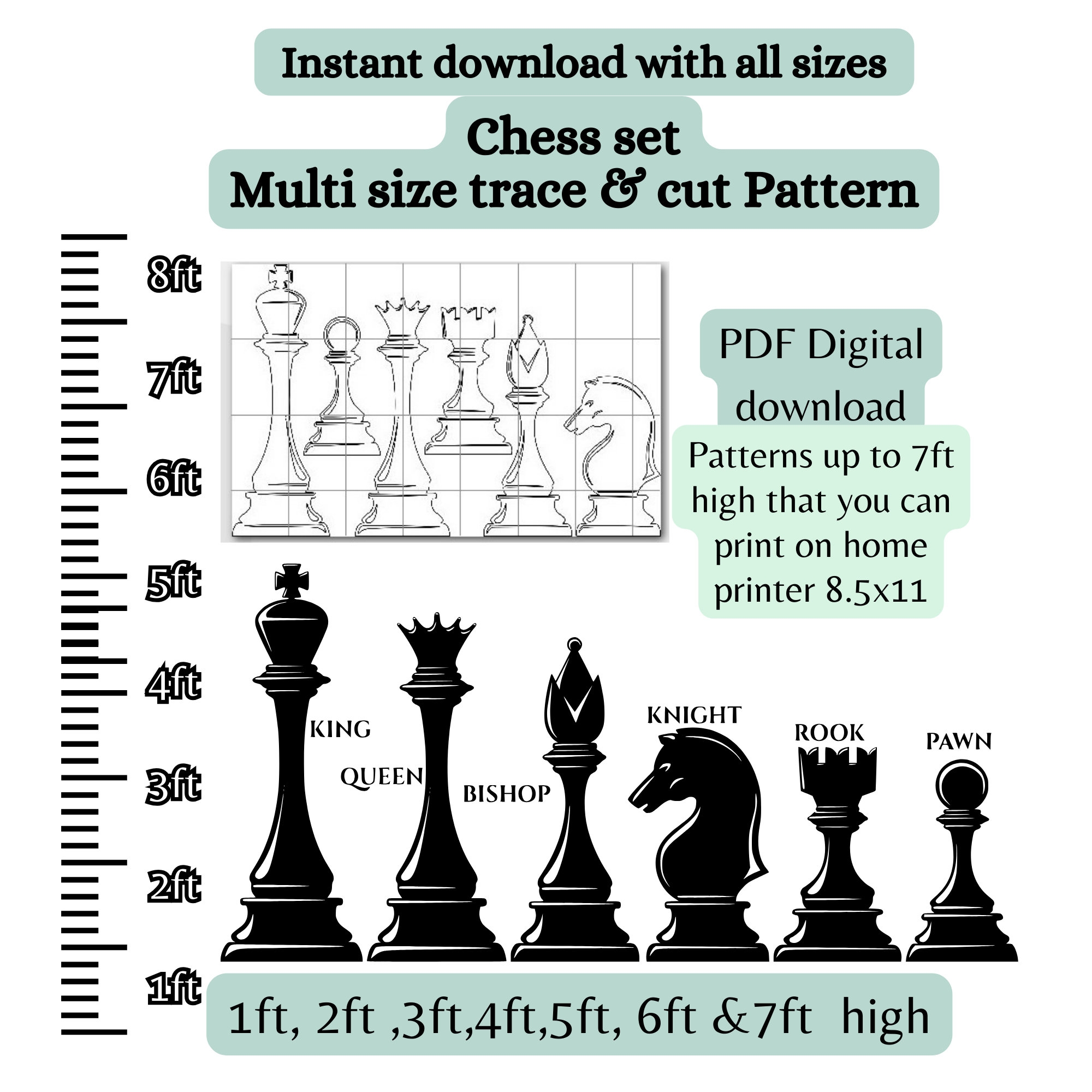 Giant DIY Chess Pieces Template printable Trace And Cut 3ft 4ft 5ft 6ft Cutouts woodworking Pattern Cut Out Tournament Props Etsy