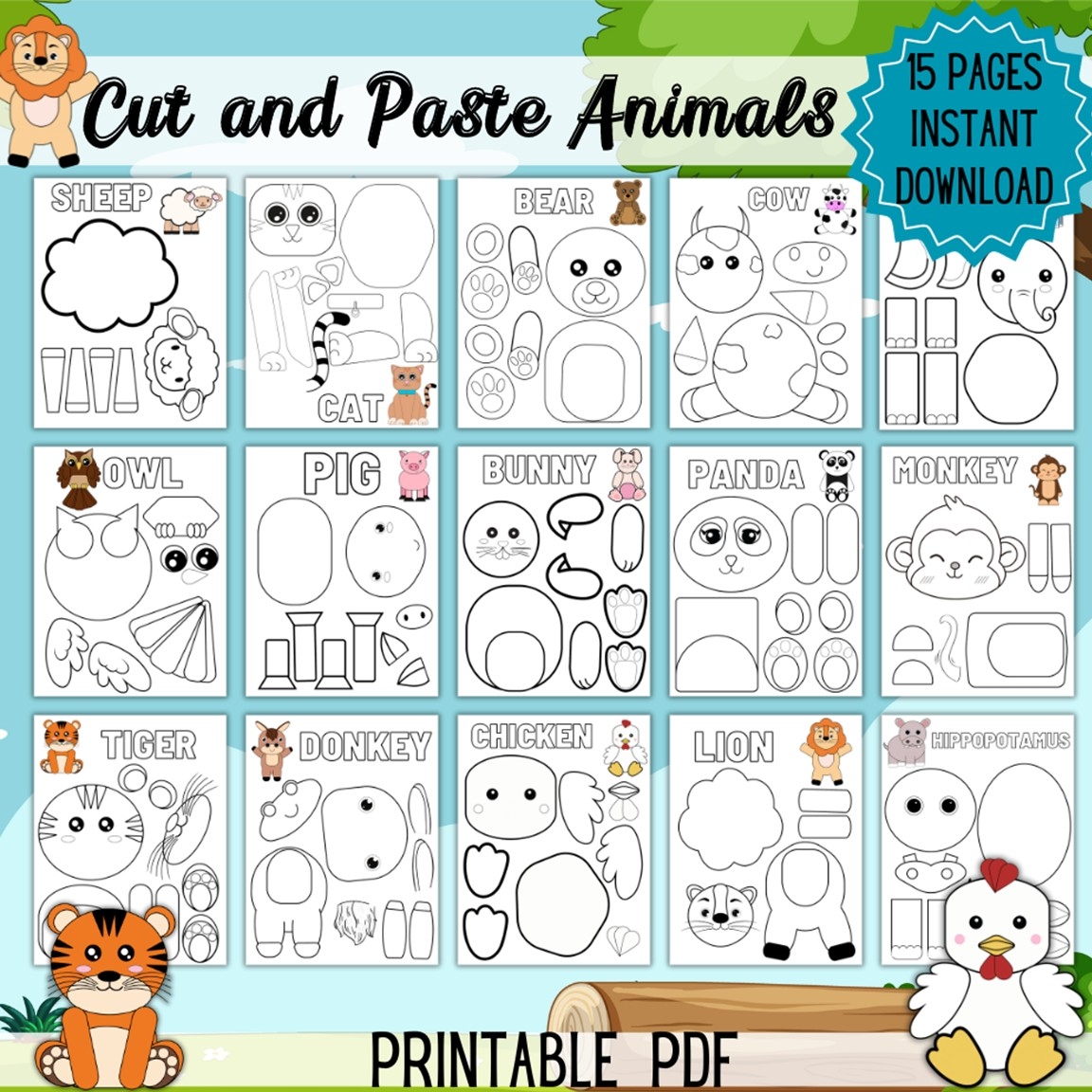 One Page Cut And Paste Animal Crafts 15 Easy Printable Craft Templates For Kids
