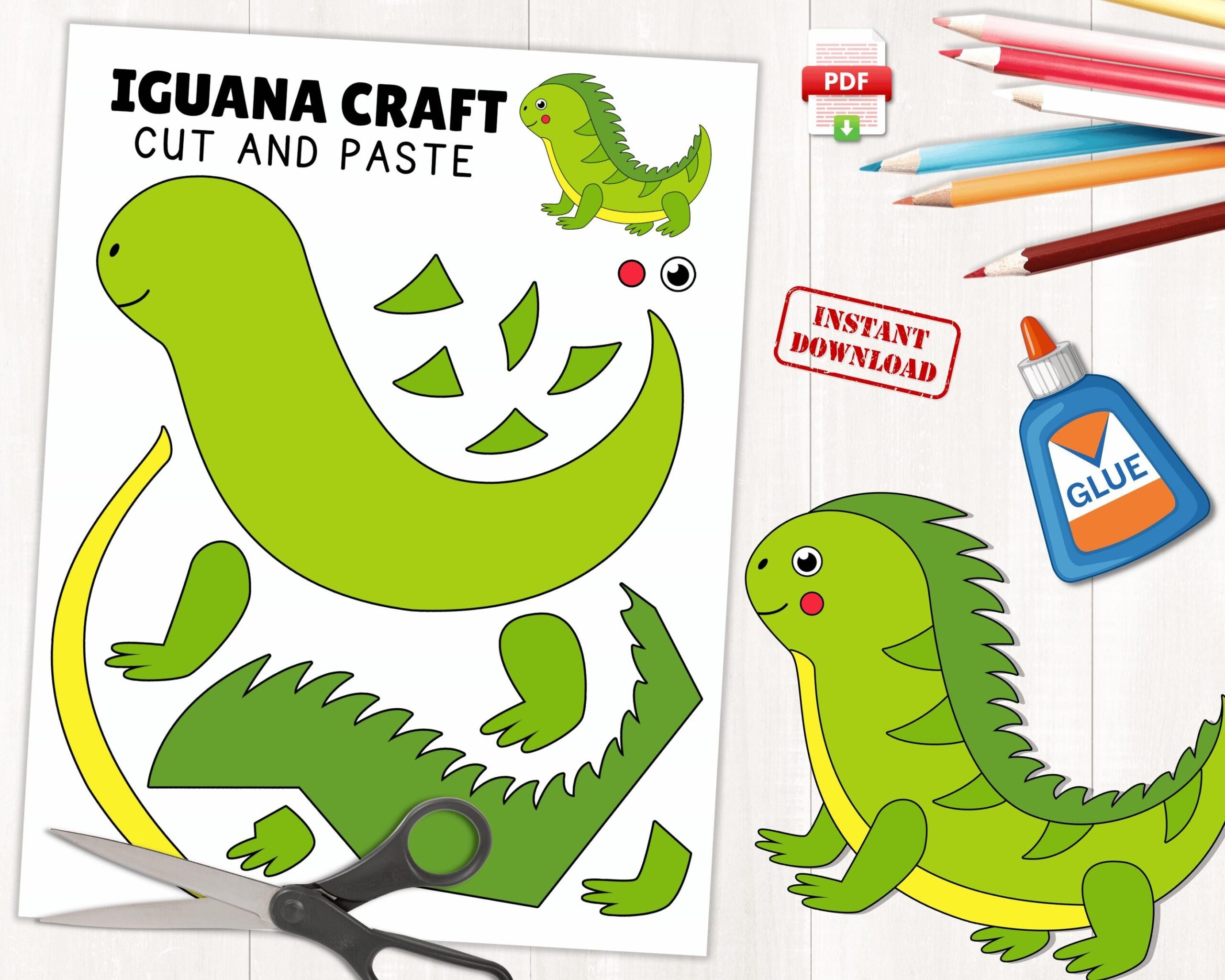 Printable Iguana Craft Template Rainforest Animal For Kids Reptile Craft Activity Color Cut And Paste Instant Download PDF Etsy