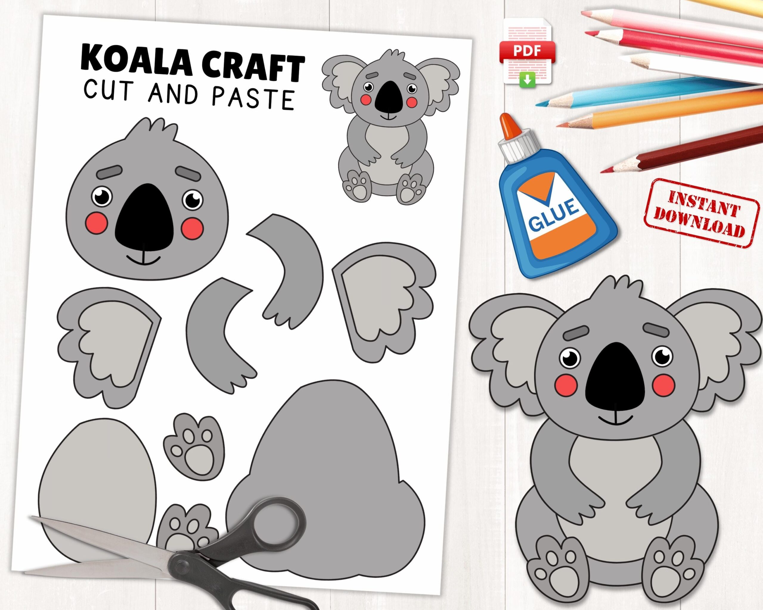 Printable Koala Craft Template For Kids Australia Day Activities Zoo Animal Craft Activity Color Cut And Paste Instant Download Etsy