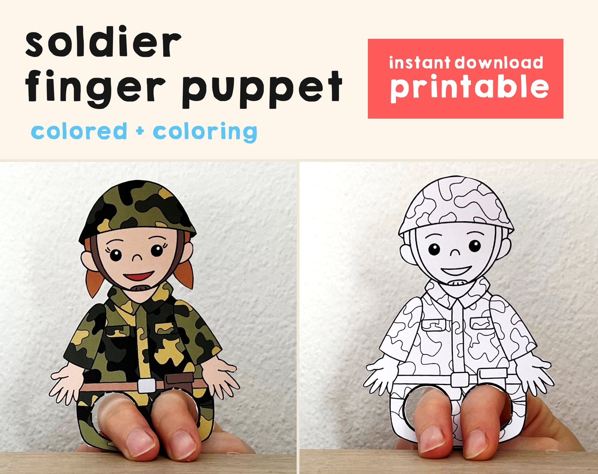 Soldier Paper Craft Printable Community Helper Finger Puppet Kids Craft Career Day Kids Coloring Puppet Army Instant Download Etsy