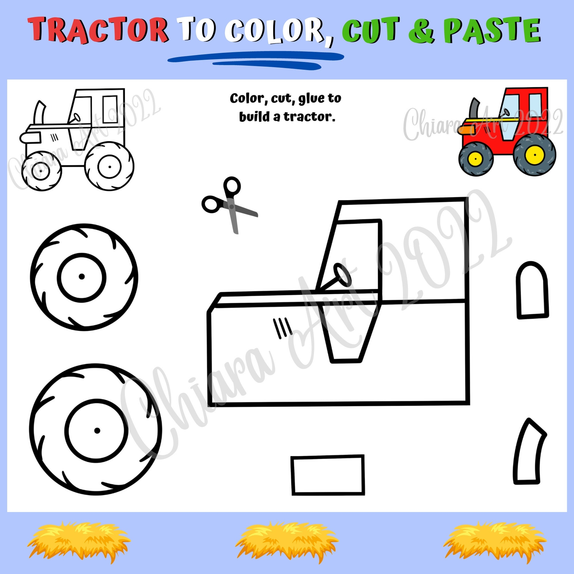 Tractor Cut And Paste Printable Trailer Hay Craft Farm Cut Out Activity For Kids Tractor Craft Preschool Build A Tractor Trailer PDF Etsy