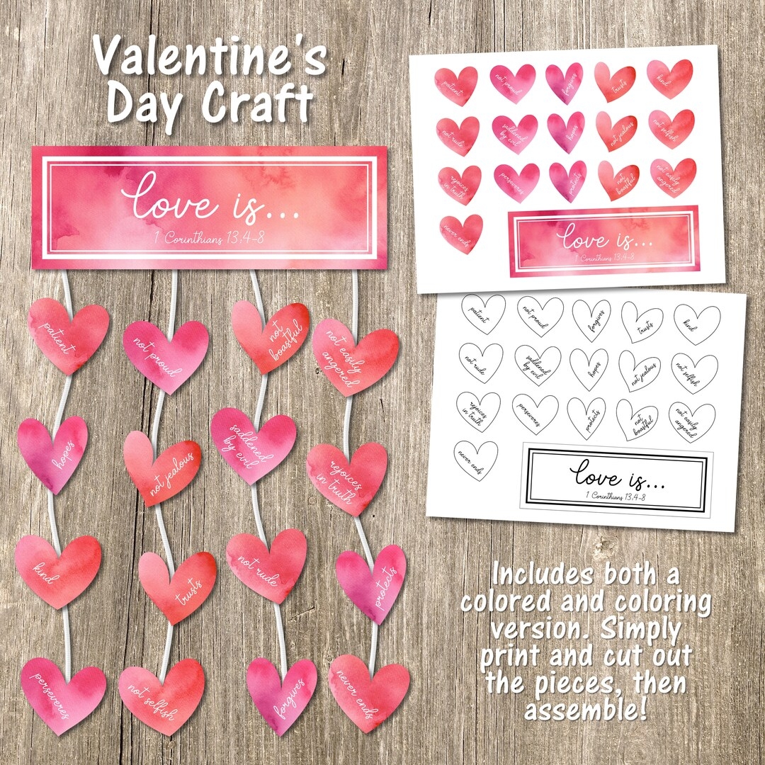 Valentine s Day Craft Printable Craft Heart Craft Love Craft Love Garland Bible Verse Kids Craft Valentine s Day Printable Craft Etsy