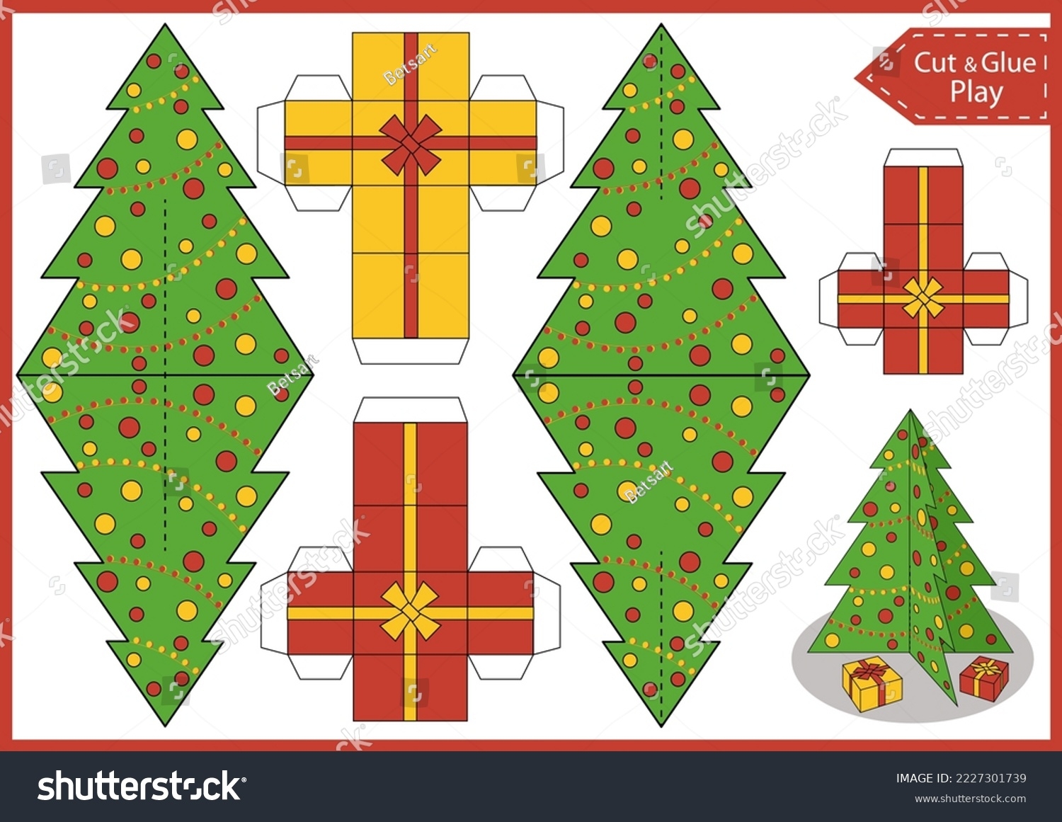 Vektor Stok Template Paper Craft Christmas Tree Gifts Tanpa Royalti 2227301739 Shutterstock
