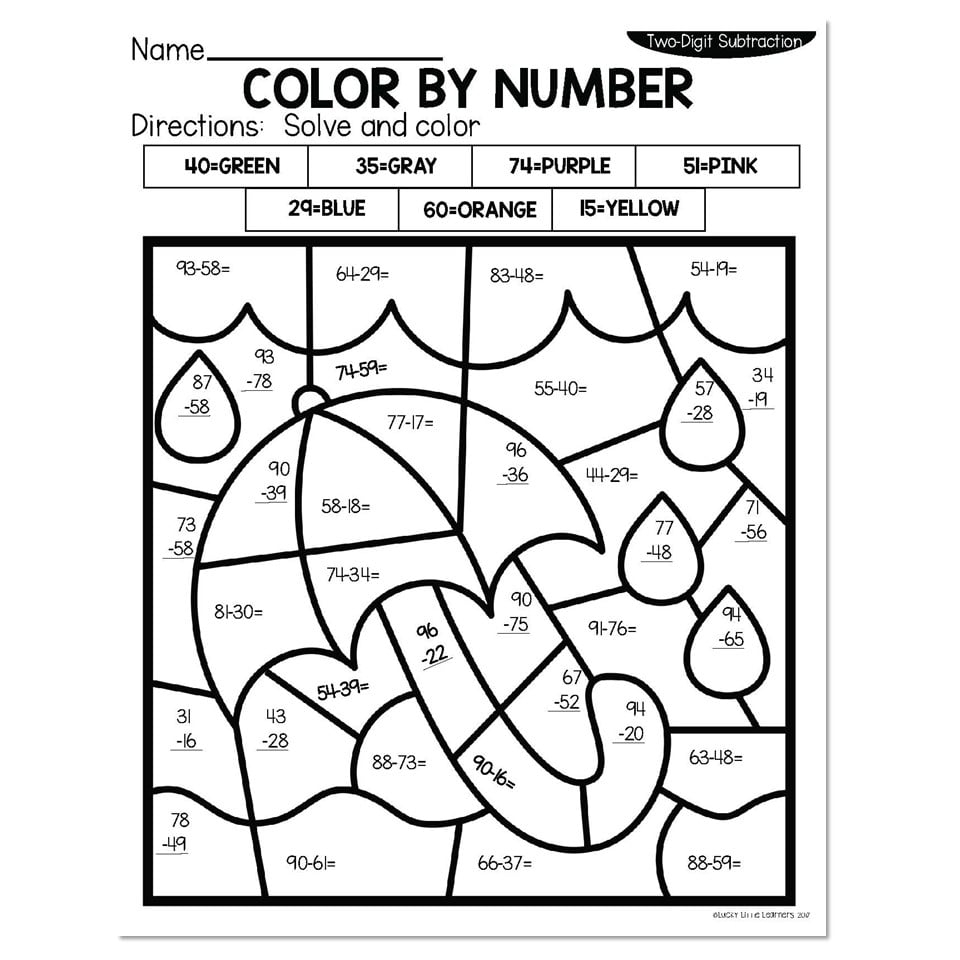 subtraction color worksheets
