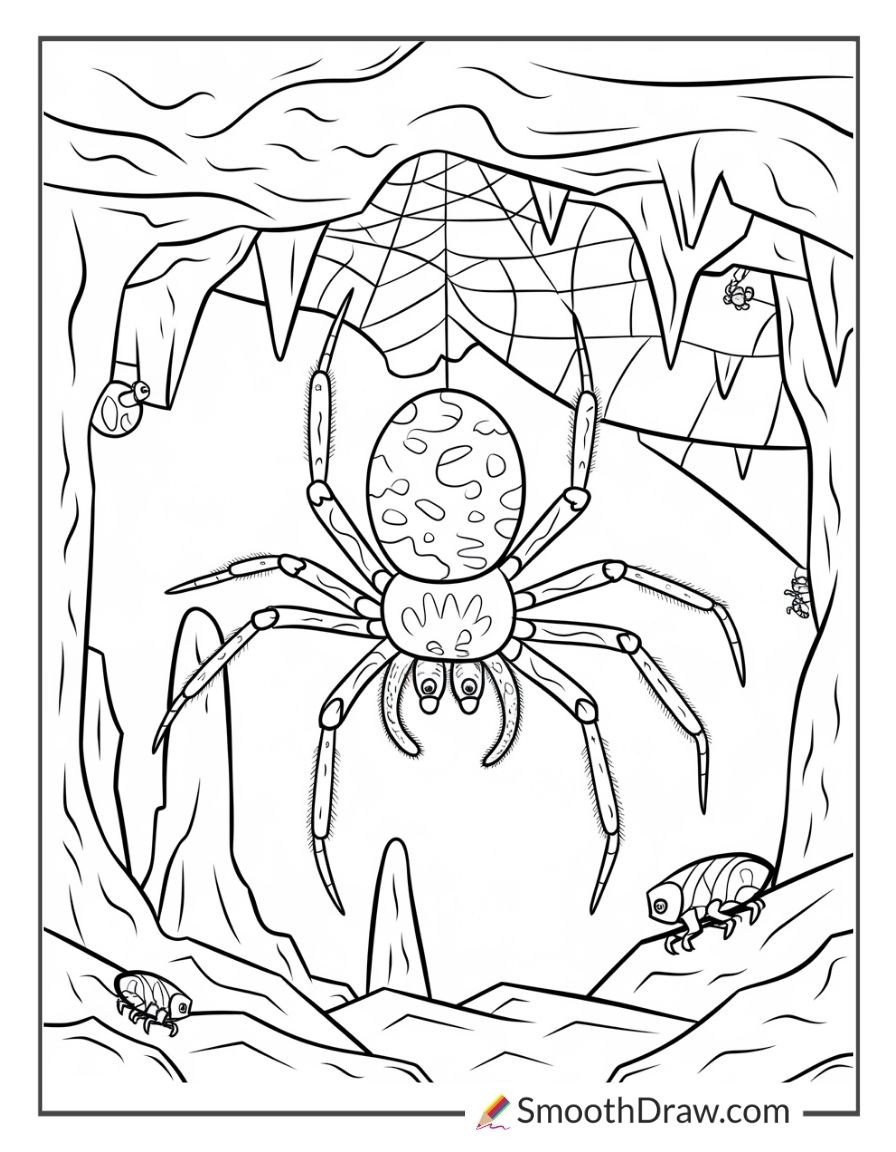 color page for spider and soldier in cave printable free
