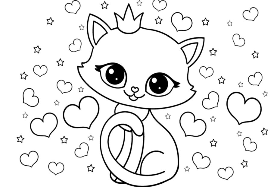 A Cat Princess Surrounded By Many Hearts Cat Coloring Pages