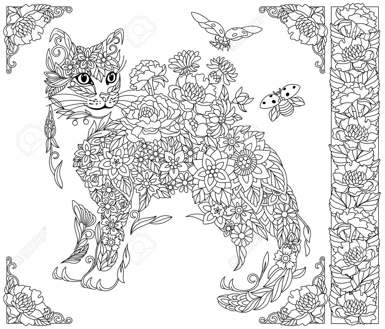 Adult Coloring Book Page Floral Cat Ethereal Animal Consisting Of Flowers Leaves And Ladybugs Royalty Free SVG Cliparts Vectors And Stock Illustration Image 185844631 