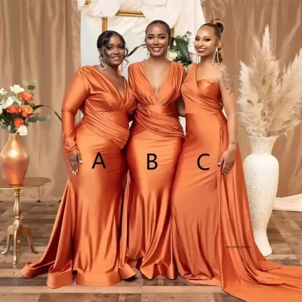 African Plus Size Burnt Orange Mermaid Bridesmaid Dresses Nigeria Girls Summer Wedding Guest Dress Sexy V Neck Long Maid Of Honor Gowns Puls Size 2024