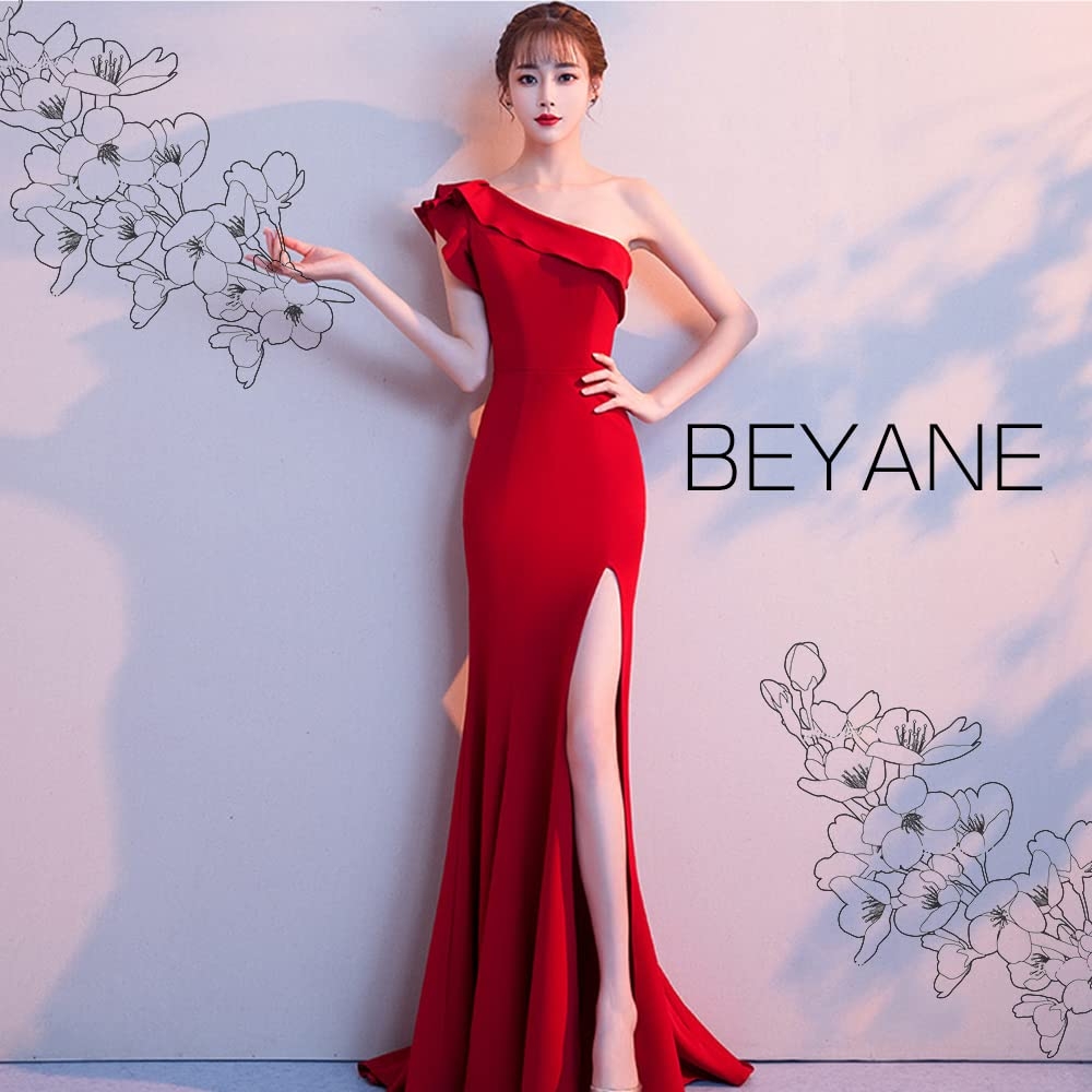 Amazon co jp BEYANE Sexy One Shoulder Long Dress Mermaid Slit Tight Party Dress Concerts Formal Cabaret Dress Crimson Satin Crimson Crimson Crimson Scarlet Color Dress Wedding Dress Large Size Clothing Shoes U0026