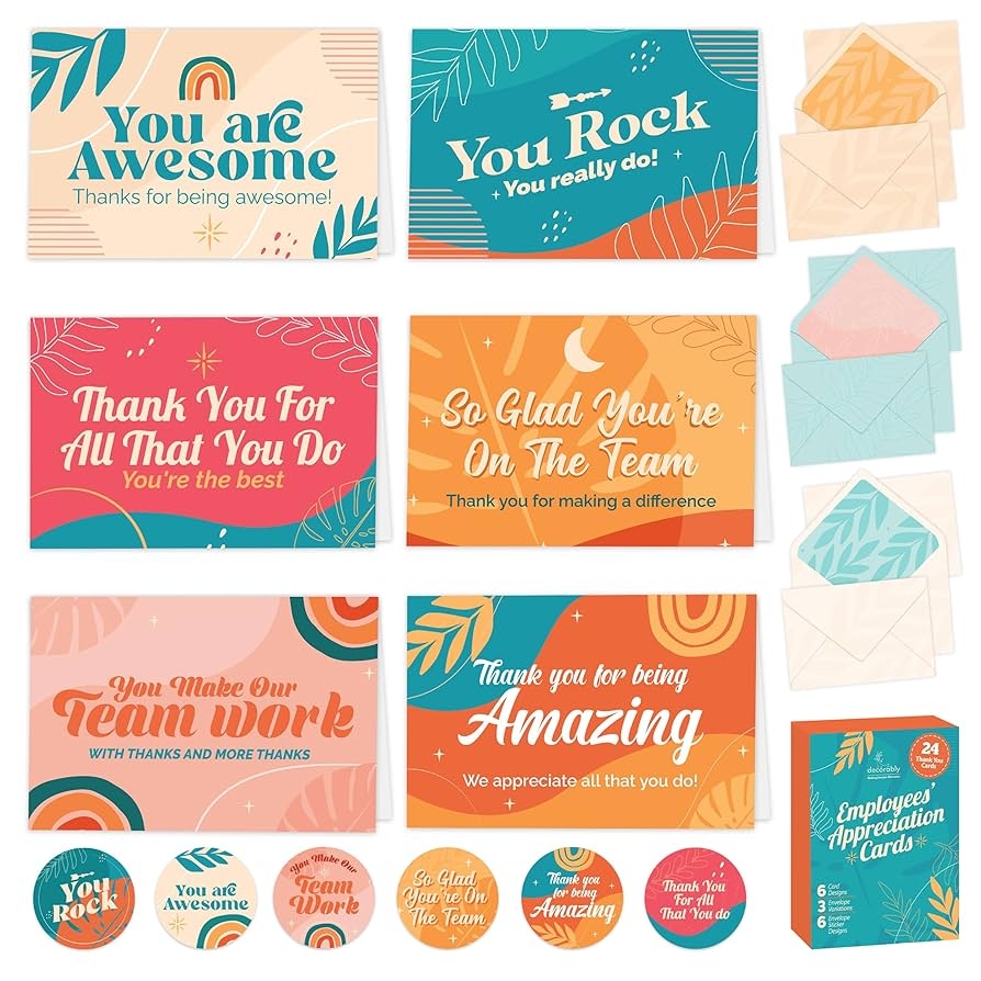 Amazon Decorably 24 Pack 6x4in Employee Appreciation Cards With Envelopes And Stickers 6 Retro Designs Employee Thank You Cards Blank Inside Promotion Recognition Work Anniversary Office Products