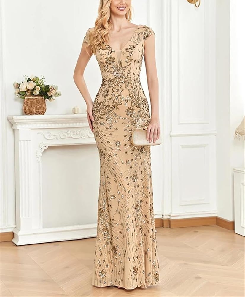 Amazon Elegant Champagne Evening Dress For Women Long Luxury Mermaid Formal Sequins Prom Wedding Party Cocktail Dresses Burgundy S Clothing Shoes U0026 Jewelry