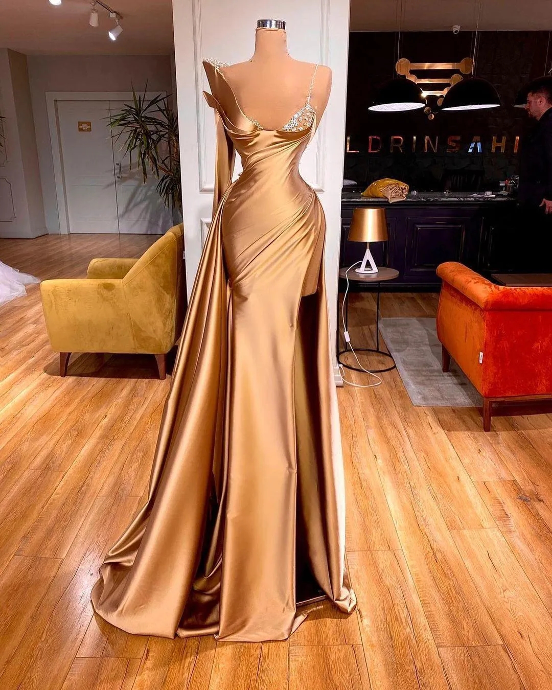 Arabic Mermaid Prom Gold Prom Dress With Overskirt And Beaded 