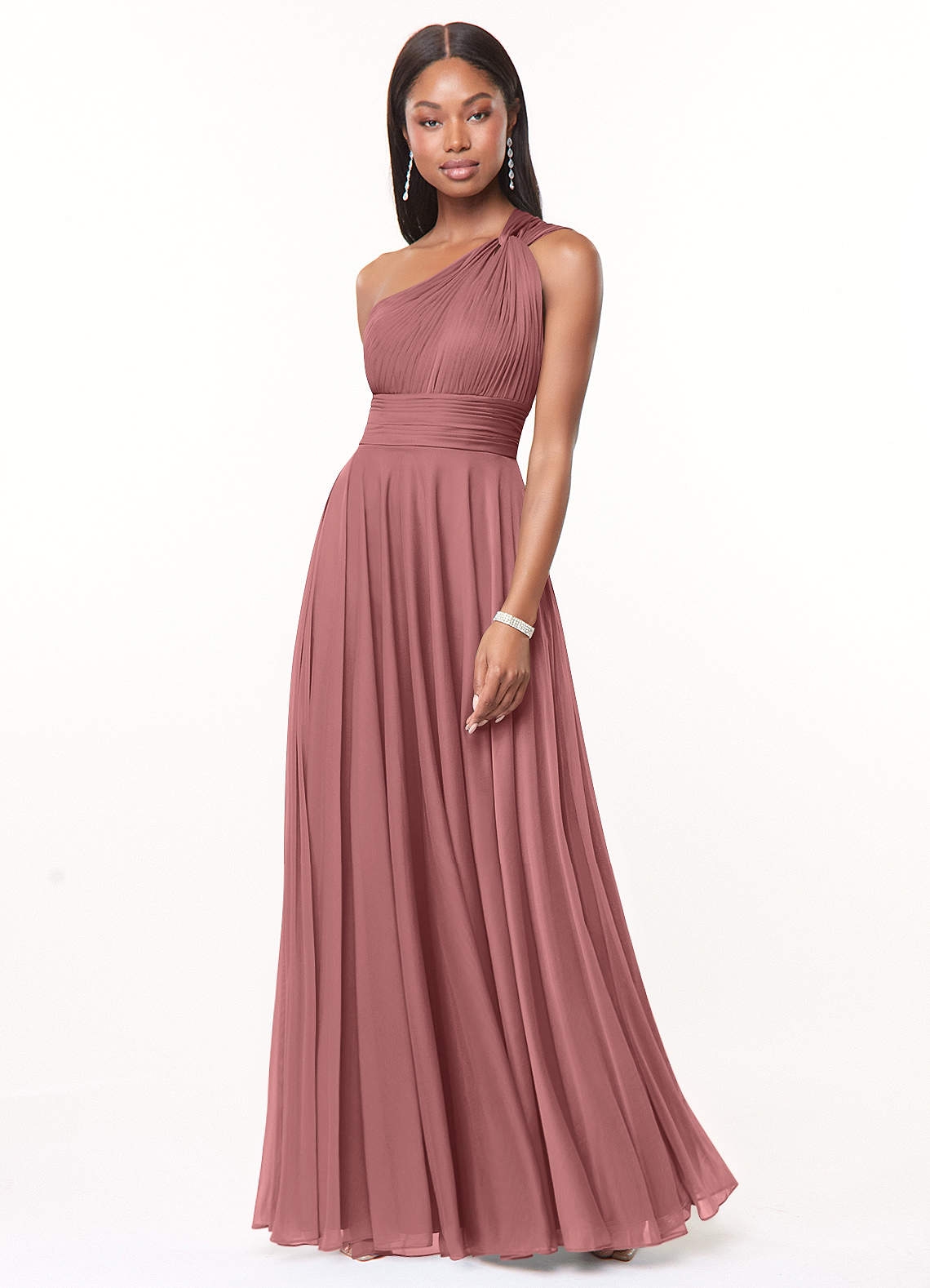 Azazie A Line Princess One Shoulder Floor Length Mesh Bridesmaid Dresses Desert Rose
