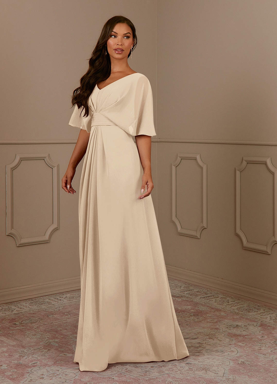 Azazie Oksana Champagne A Line V Neck Pleated Chiffon Dress Azazie