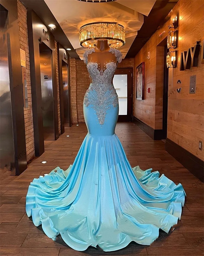 Baby Blue Sheer Neck Blue Mermaid Prom Dress With Beaded Crystal Diamonds For Black Girls Perfect For Birthday Parties And Formal Events From Sweety wedding 141 41 DHgate Com