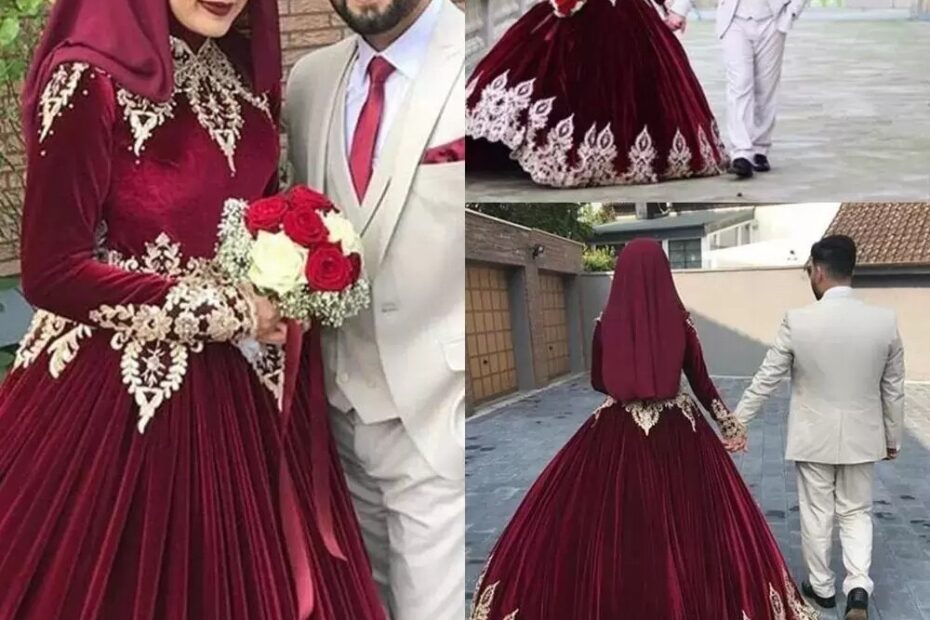 Burgundy Muslim Velvet Wedding Dresses High Neck Gold Lace Applique Bridal Gowns EBay