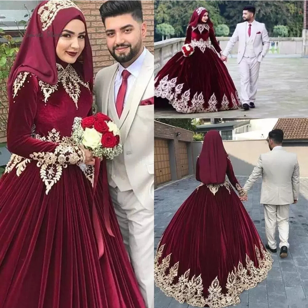 Burgundy Muslim Velvet Wedding Dresses High Neck Gold Lace Applique Bridal Gowns EBay