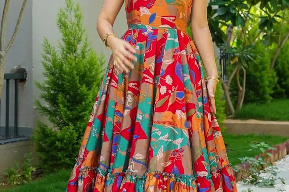 Buy Digital Printed Rayon Maxi Dress In Multicolor Online TQH48 Utsav Fashion