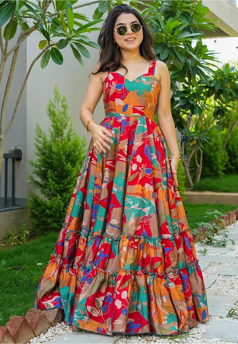 Buy Digital Printed Rayon Maxi Dress In Multicolor Online TQH48 Utsav Fashion