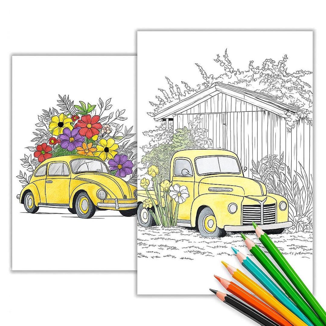 Car With Flowers Coloring Page Vintage Vehicle U0026 Floral Printable Art For Kids Adults Fun Spring Activity Sheet Instant Download PDF Etsy Canada