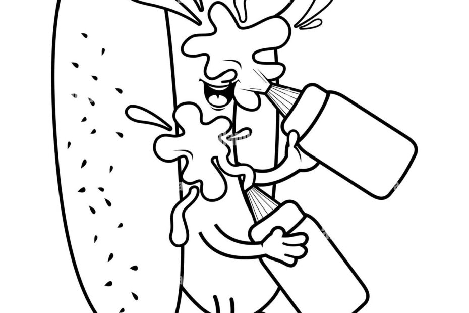 Cartoon Hot Dog Splashing Itself With Mustard And Ketchup Black And White Coloring Page Stock Photo Alamy