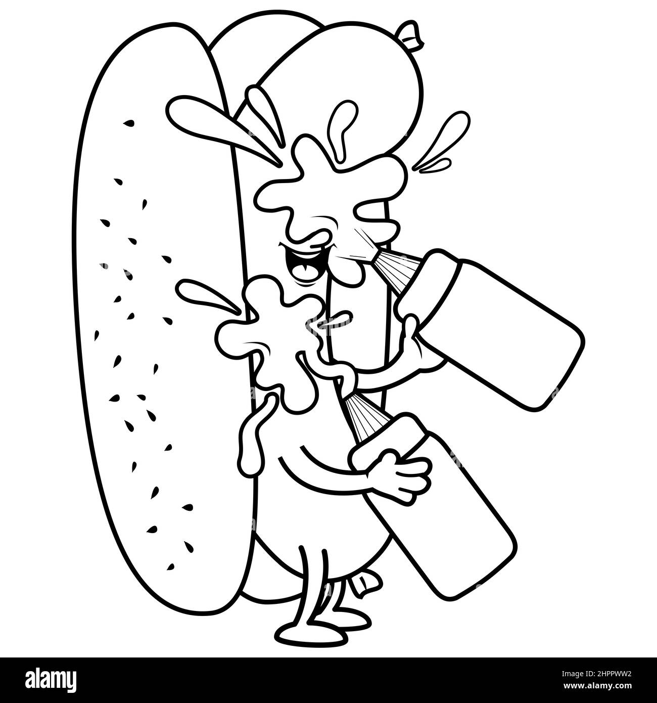 Cartoon Hot Dog Splashing Itself With Mustard And Ketchup Black And White Coloring Page Stock Photo Alamy