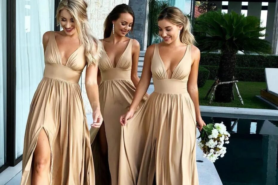 Champagne Bridesmaid Dresses Elegant V Neck A Line Long Formal Gowns For Wedding Guests And Prom