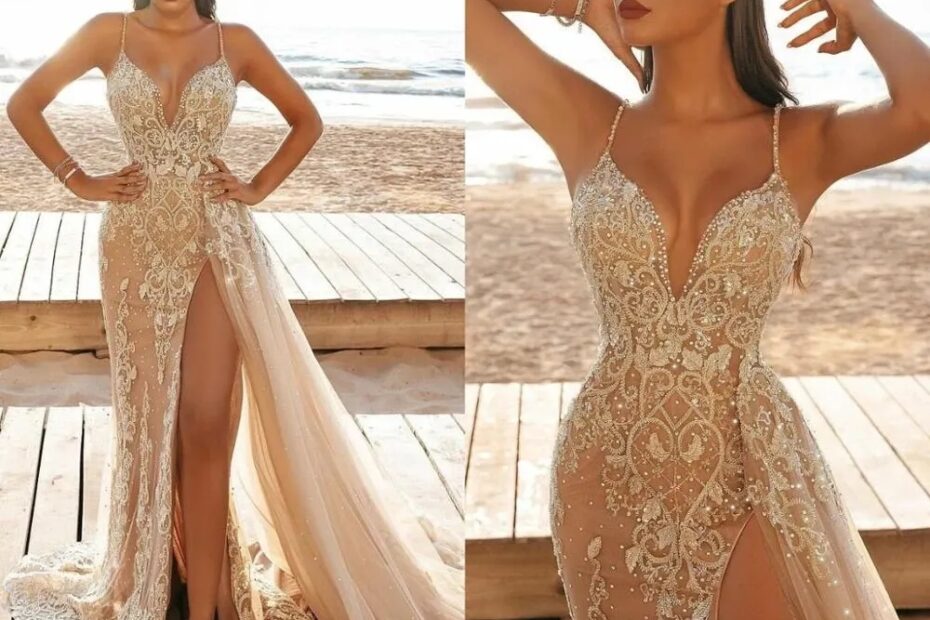 Champagne Mermaid Champagne Prom Dresses 2022 2021 With High Split Spaghetti Straps Lace Beading Overskirt And Sweep Train Perfect For Evening Parties And Special Occasions From Lindaxu90 135 33 DHgate Com