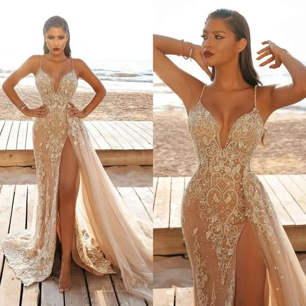Champagne Mermaid Champagne Prom Dresses 2022 2021 With High Split Spaghetti Straps Lace Beading Overskirt And Sweep Train Perfect For Evening Parties And Special Occasions From Lindaxu90 135 33 DHgate Com