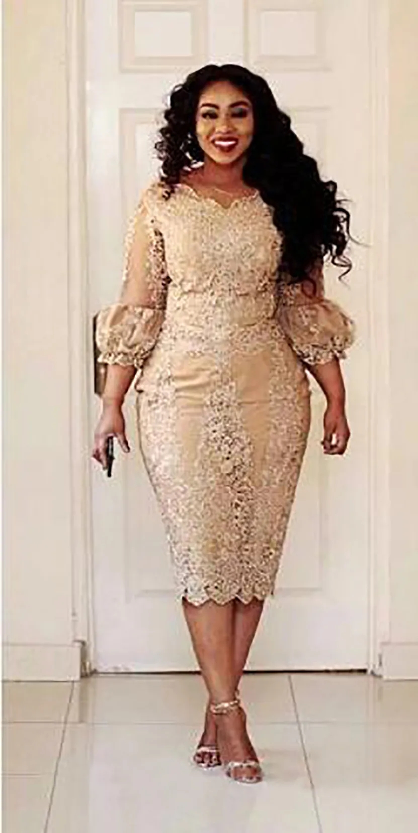 Champagne Mother Of The Bride Dress Plus Size Tea Length Sheath With 3 4 Sleeves Elegant Gown For Mothers