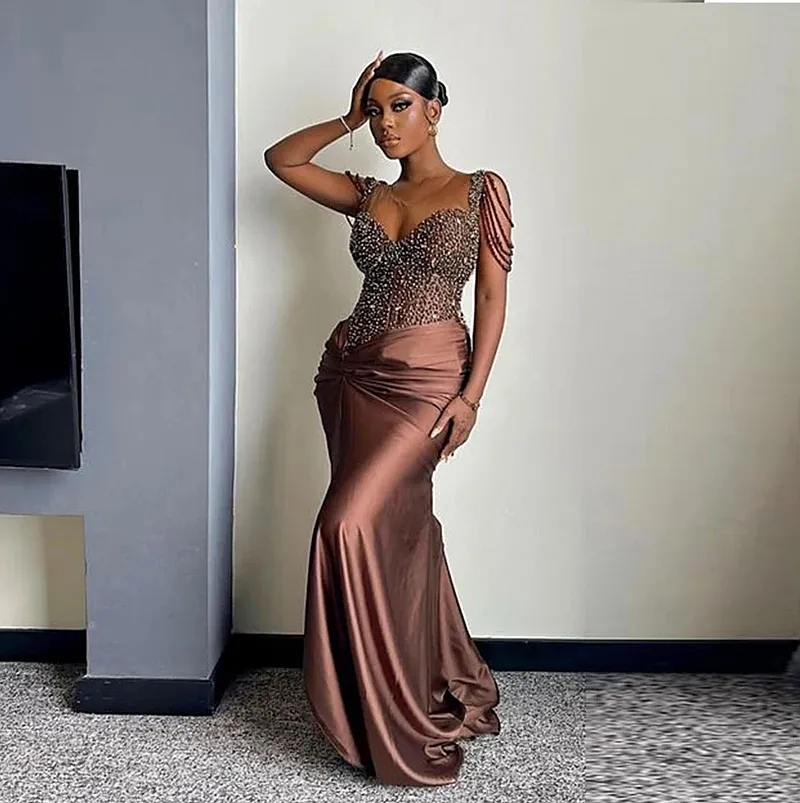 Chocolate Brown Beaded Mermaid Dark Prom Dresses For African Women Ruched Satin Evening Gown For Birthday Party And Special Occasions 2024