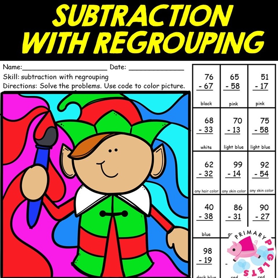 CHRISTMAS 2 DIGIT SUBTRACTION WITH REGROUPING COLOR BY NUMBER CODE ELF