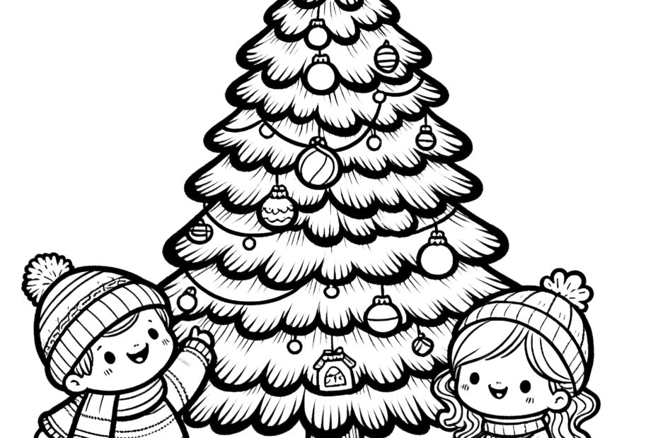 Christmas Tree With Two Children Free Coloring Page