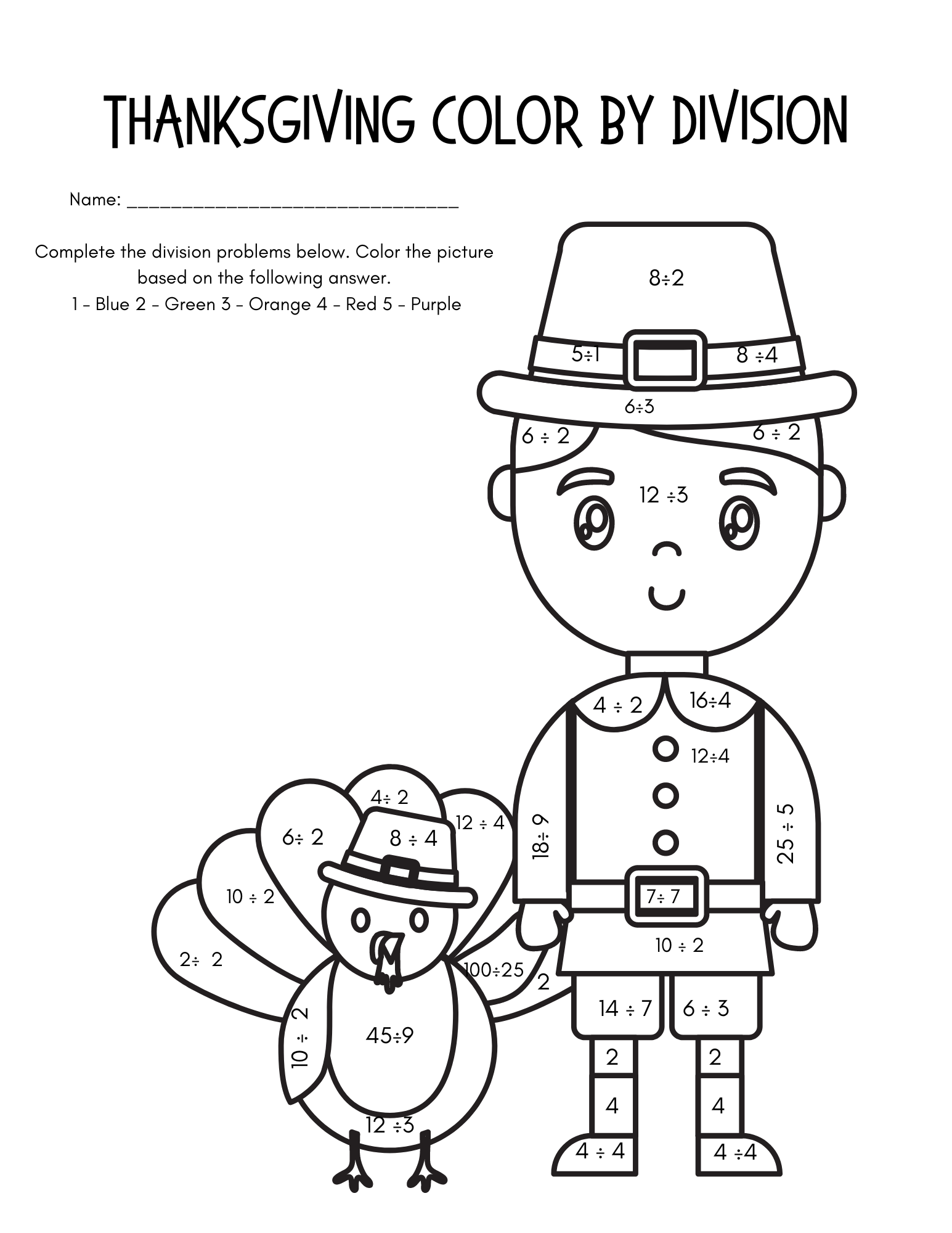 Color By Division Thanksgiving Free Math Worksheets Xoxoerinsmith