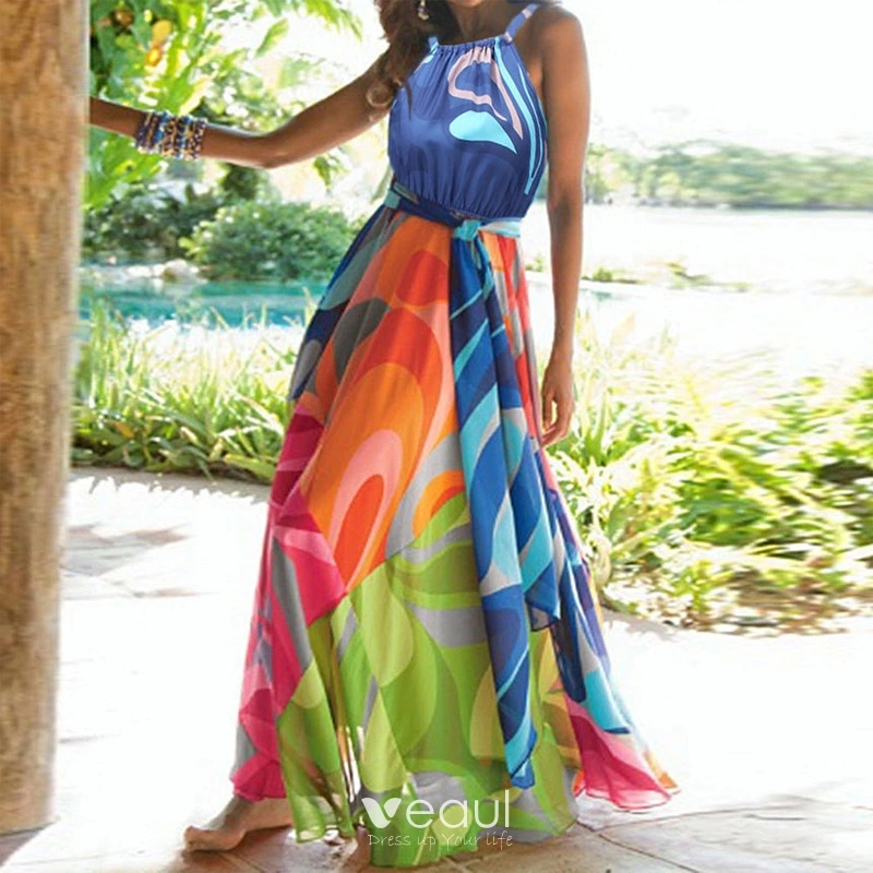 Colored Summer Multi Colors Maxi Dresses 2018 Empire Halter Sleeveless Floor Length Long