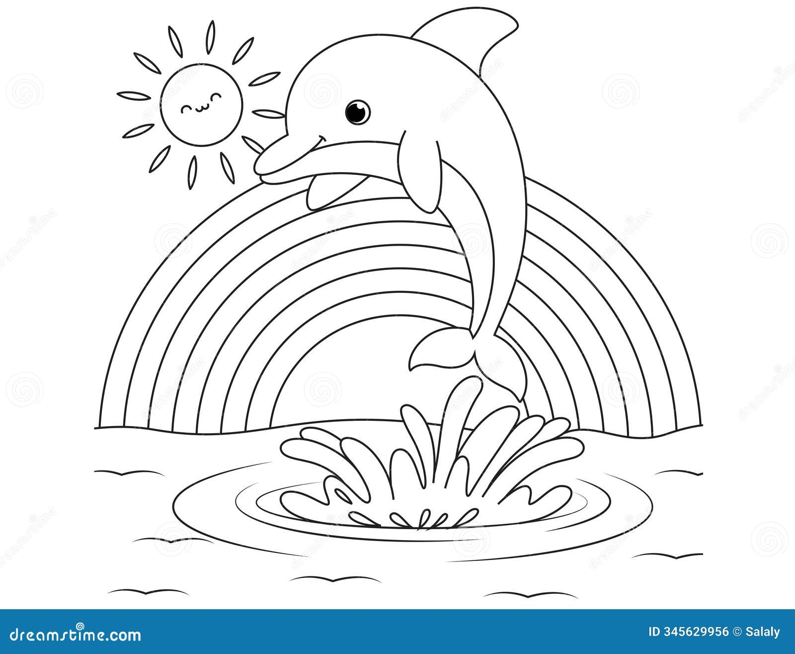 Cute Dolphin Dolphin Jumping Over A Rainbow Background Coloring Page For Kids Funny Animal Outline Illustration Stock Vector Illustration Of Nature Baby 345629956