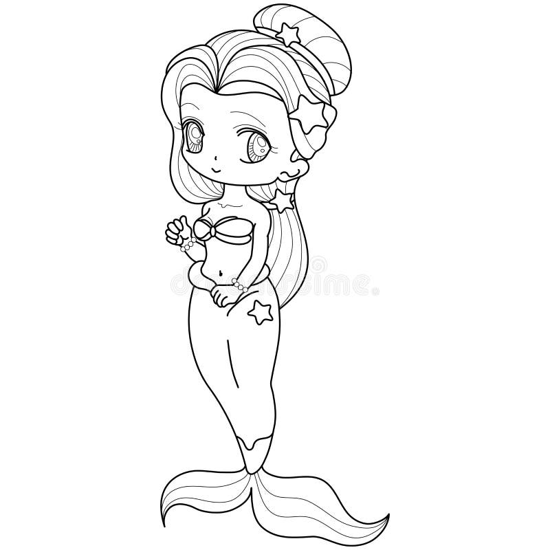 Cute Little Mermaid Underwater World Coloring Book Page For Kids Collection Of Design Element Outline Kawaii Anime Chibi Style Stock Vector Illustration Of Childhood Kids 157709530
