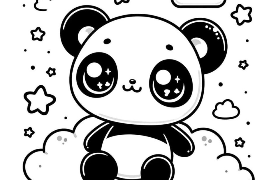 Dibujo De Panda Kawaii Para Colorear Con Estrellas Y Una Nube Para Imprimir