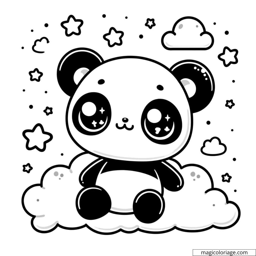 Dibujo De Panda Kawaii Para Colorear Con Estrellas Y Una Nube Para Imprimir