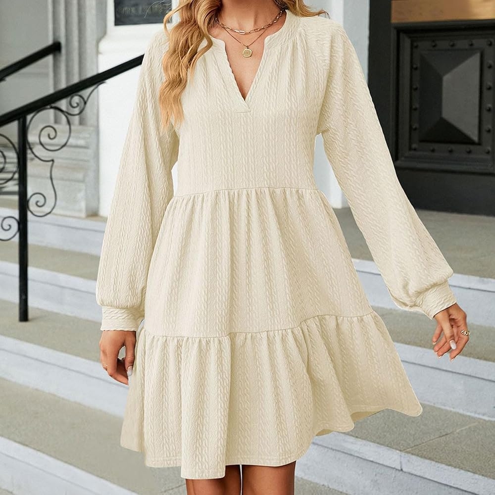 Dresses For Women UK Notch V Neck Long Sleeve Dress Solid Color Tiered Ruffle Hem Mini Dresses Ladies Trendy Elegant Party Vacation Beach Formal Work Casual Dress Beige Amazon co uk Fashion