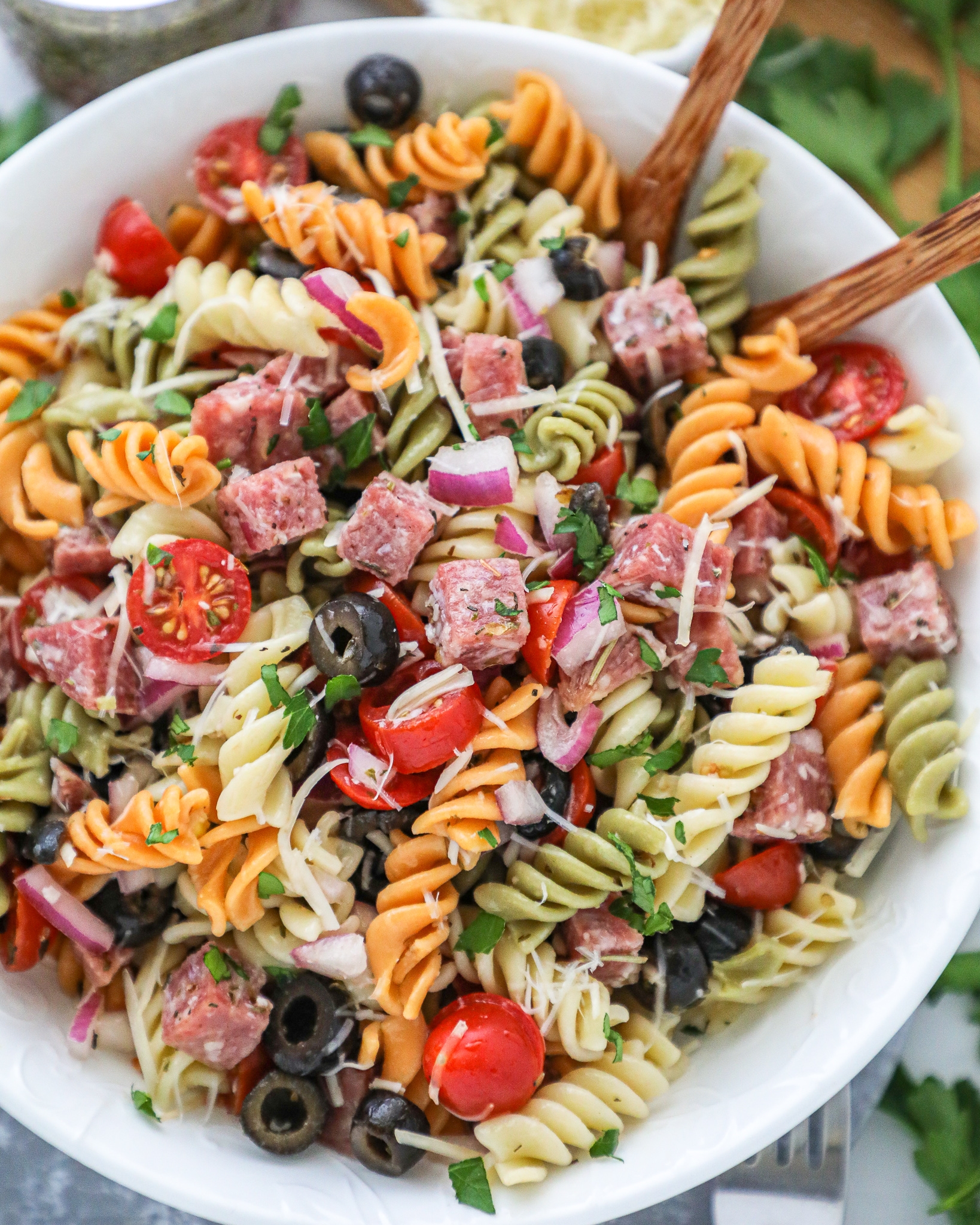multi colored pasta salad with italian dressing