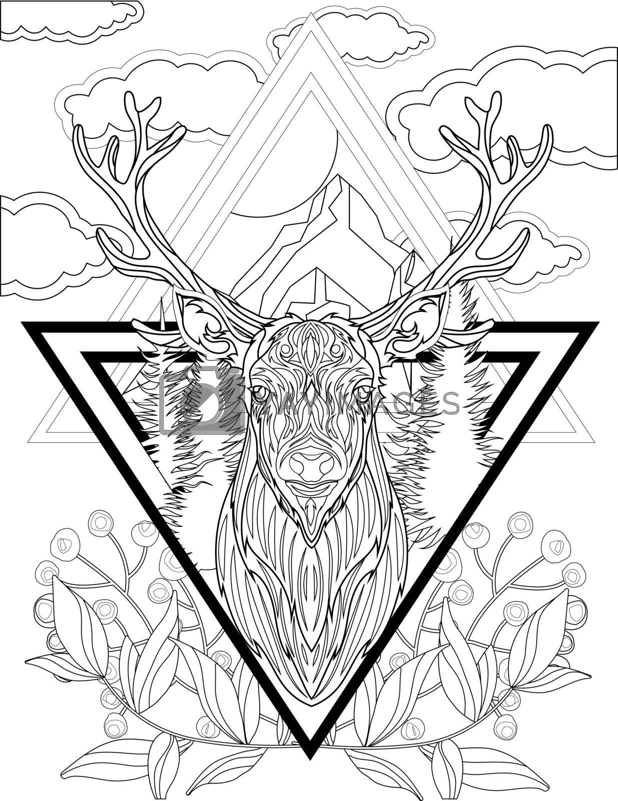 Elk With Large Horns Facing Forward In Triangular Shapes Clouds 