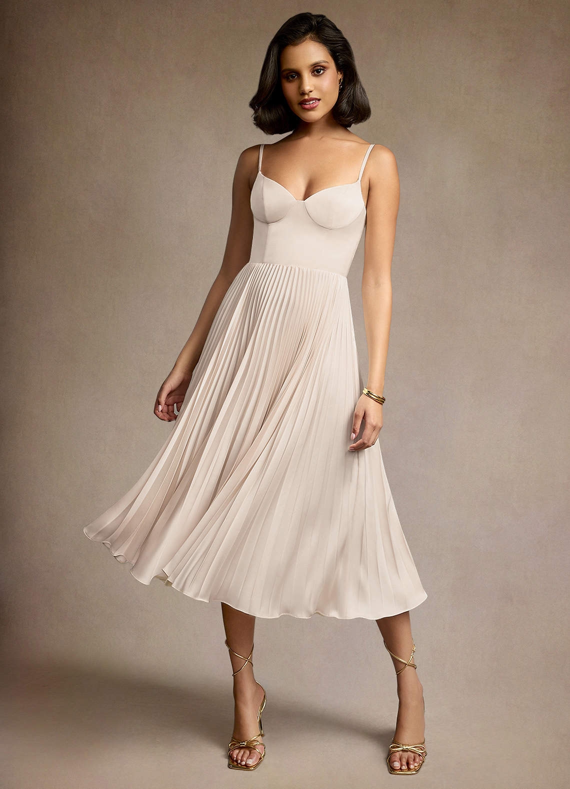 Emma Cream Pleated Midi Dress