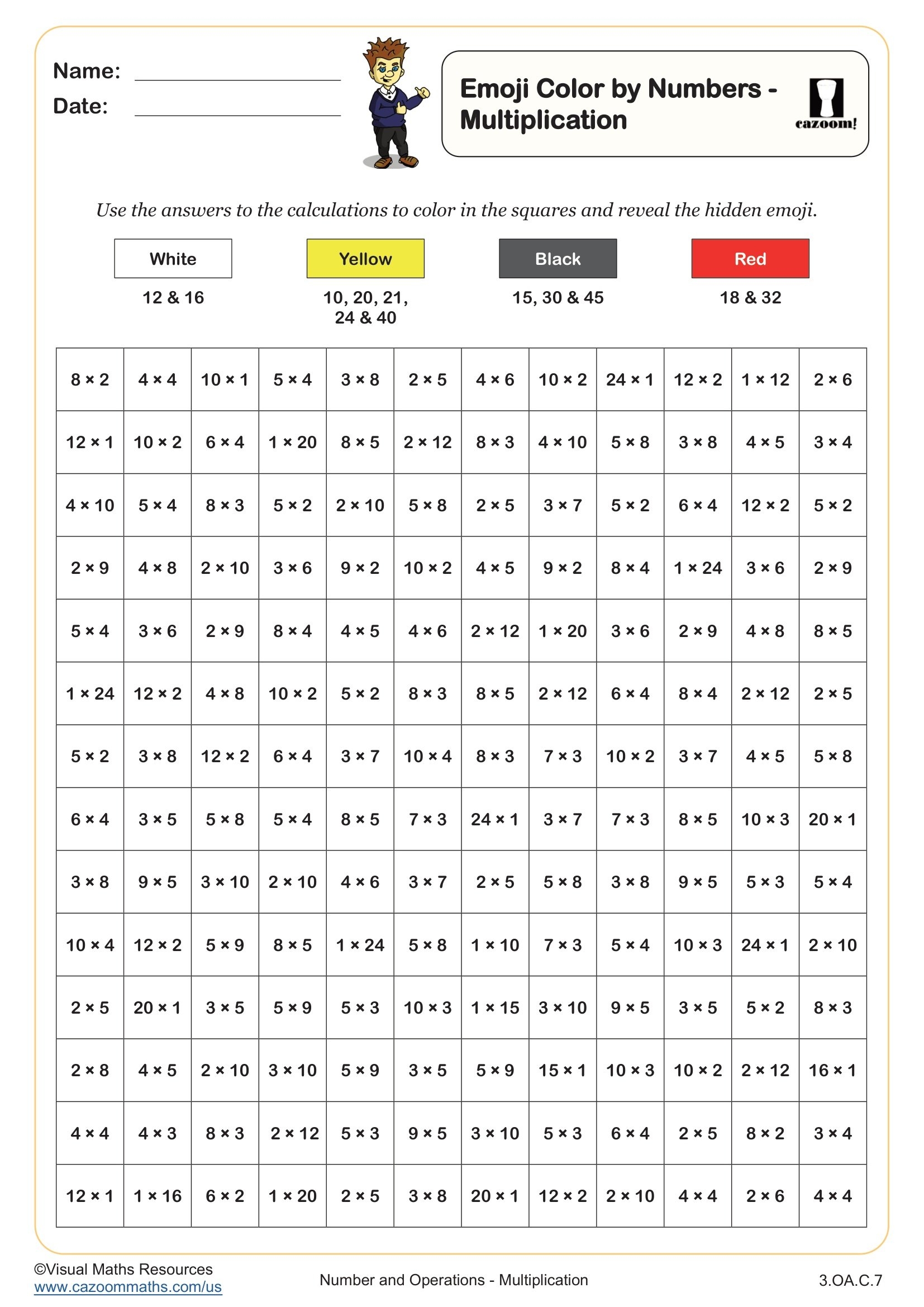 Emoji Colour By Numbers Multiplication Worksheet Fun And Engaging 3rd Grade Number And Operations Worksheet