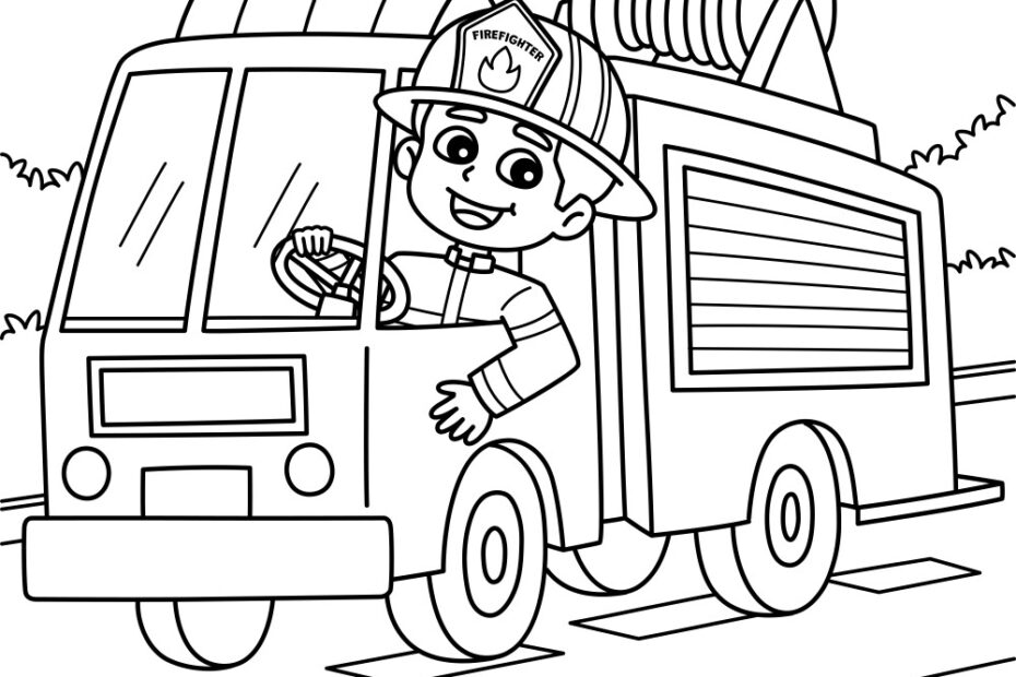 Firefighter Driving A Fire Truck Coloring Page Vector Image